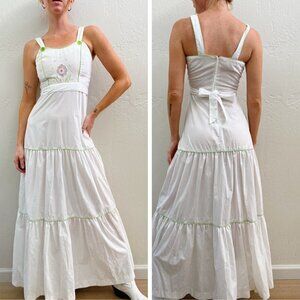 Vintage 1970s Young Edwardian White Floral Embroidered Prairie Tiered Maxi Dress